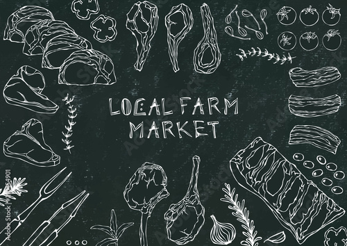 Local Farm Market. Meat Cuts - Beef, Pork, Lamb, Steak, Boneless Rump, Ribs Roast, Loin and Rib Chops. Tomato, Olives, Bell Pepper, Onion,Garlic, Herbs, Fork, Tongs. Black Board Background and Chalk.