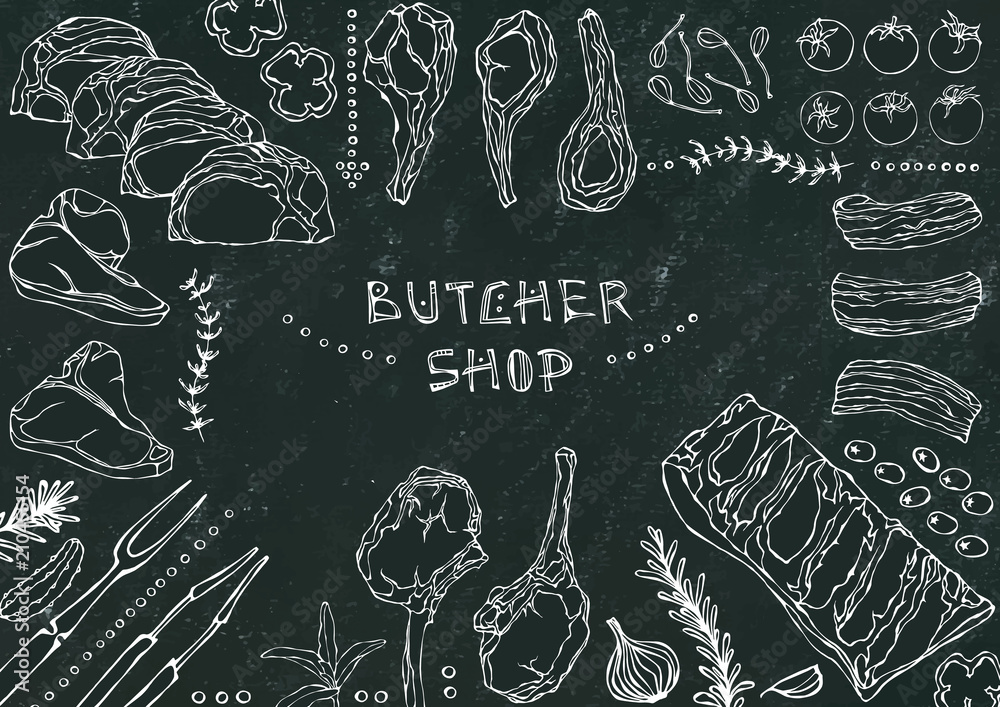 Butcher Shop. Meat Cuts - Beef, Pork, Lamb, Steak, Boneless Rump, Ribs Roast, Loin and Rib Chops. Tomato, Olives, Bell Pepper, Onion,Garlic, Herbs, Fork, Tongs. Black Board Background and Chalk.