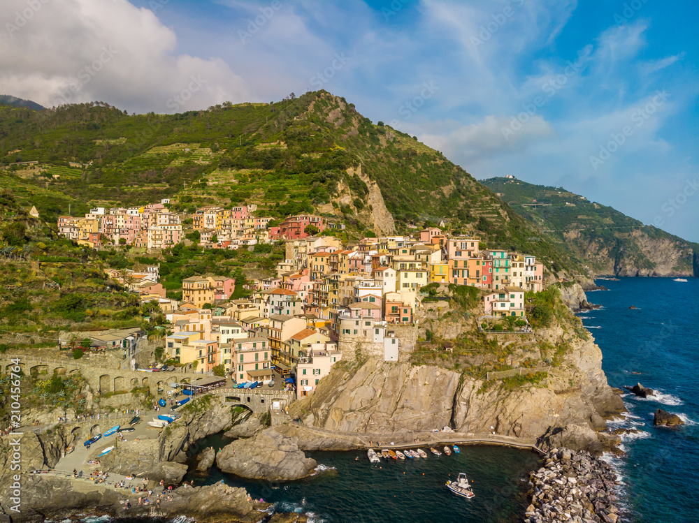 Manarola - Village of Cinque Terre National Park at Coast of Italy. Province of La Spezia, Liguria, in the north of Italy - Aerial View - Travel destination and attractions in Europe.