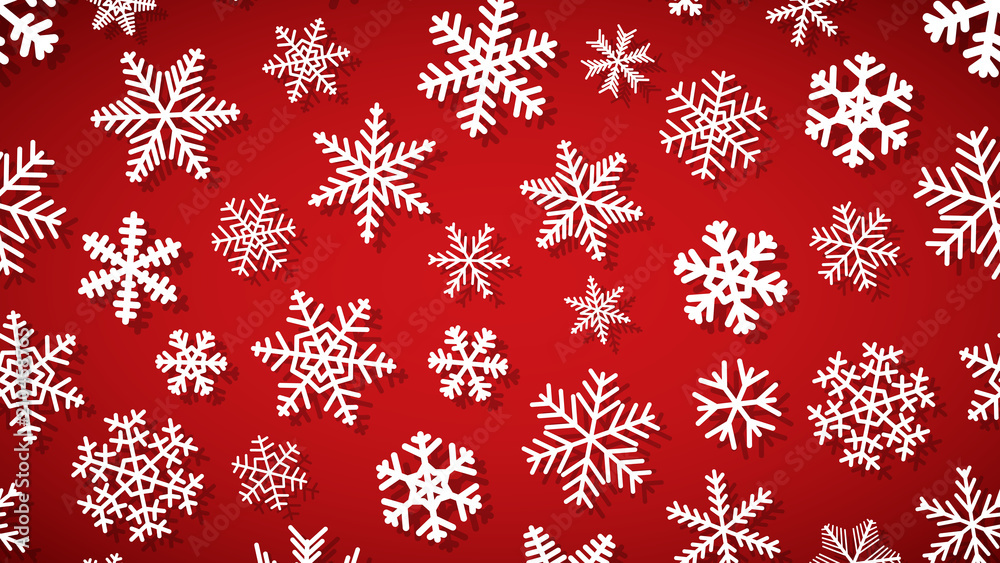 Christmas background of snowflakes of different shapes and sizes with shadows. White on red. Christmas background of snowflakes of different shapes and sizes with shadows. White on red.