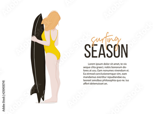 Surfing woman active lifestyle flat illustration. Girl with board magazine graphic design. Vacation summer sport. Surfboard template. Surfing season flyer photo