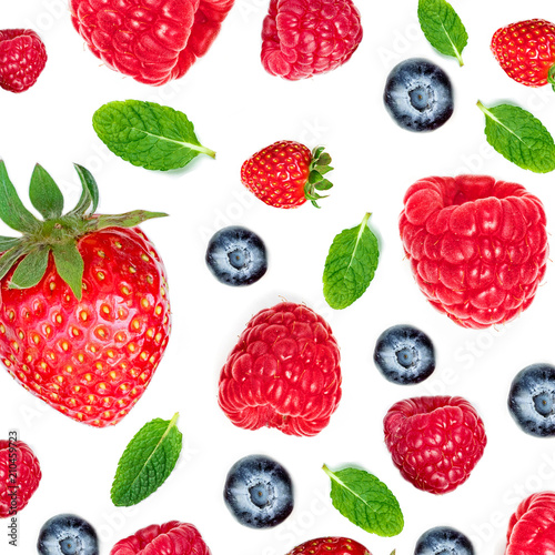 Strawberry and Raspberry Pattern. Various fresh berries isolated