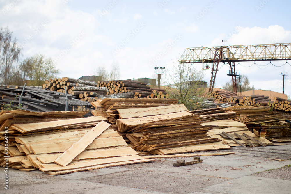 Woodworking factory.Woodworking factory. Warehouse of boards and logs.Wood in production