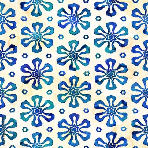 Native batik seamless watercolor artistic boho style colorful square pattern.