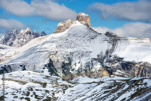 High mountains ridge in the Italy alps. Beautiful natural landscape in the winter time
