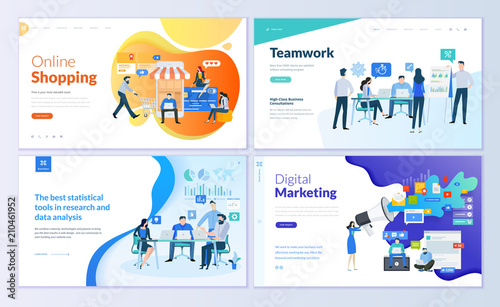 Set of web page design templates for online shopping, digital marketing, teamwork, business strategy and analytics. Modern vector illustration concepts for website and mobile website development. 