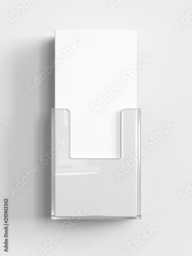 Acrylic Wall Mount Brochure Holder With Blank White Brochures. 3d render illustration.