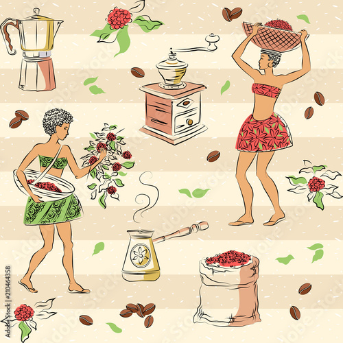 Color graphic drawing, seamless pattern, process of growing and harvesting coffee beans, as well as coffee attributes. Women pick beans in baskets. Vector illustration, isolated on background.