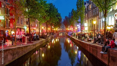 Hyperlapse Timelapse with Tourists in Amsterdam City Center Red Light District. photo