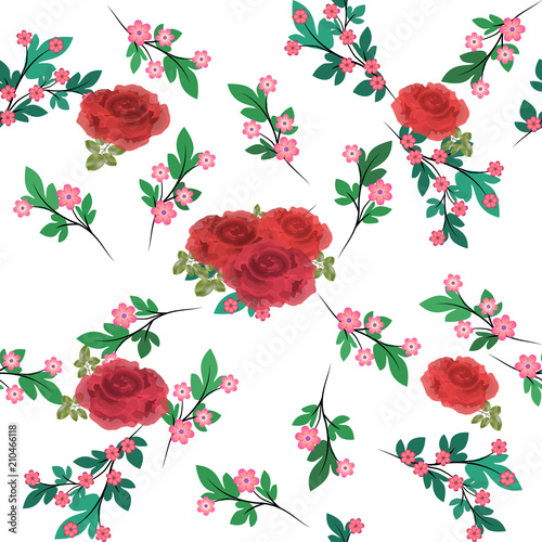 French model of textile drawing millefler. Scattering of small branches with pink flowers and red roses on a white background
