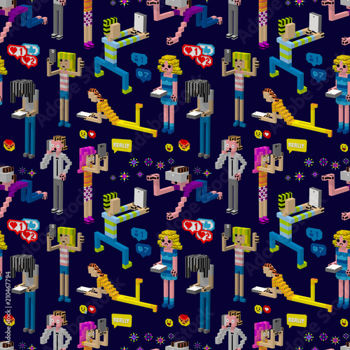 Different people characters  on the virtual reality party. Connecting device and children in the digital world.New technologies new generation.Social network community.Seamless pattern vector