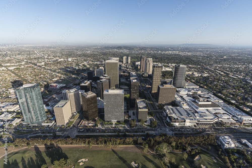Obraz premium Cityscape aerial view of Santa Monica Blvd and Century City towers in Los Angeles, California.