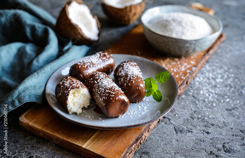 Coconut bars coated in chocolate