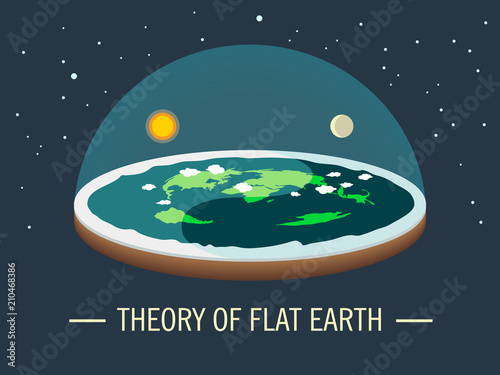 Flat earth with atmosphere with sun and moon. Ancient belief in plane globe in form of disk.