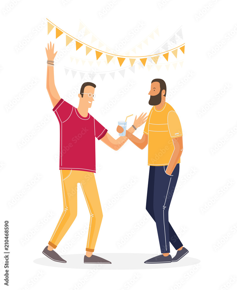 Friendship Day. Two cartoon young people meet at party, talk and enjoy  holiday Friends. Vector illustration. Stock Vector | Adobe Stock