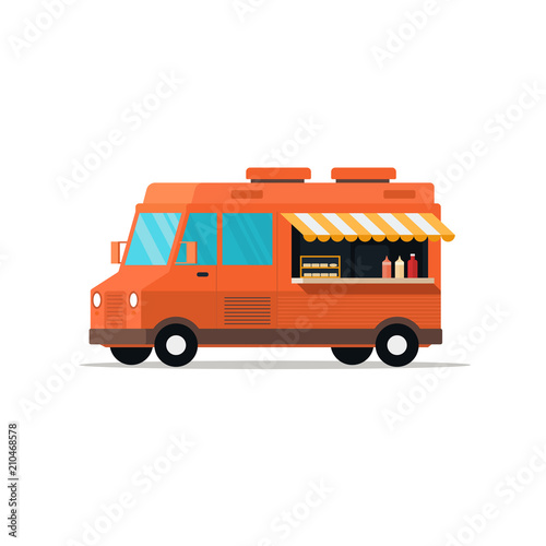 Food truck. Fast food delivery. Mobile food car. Street food van. Isolated on white. Vector illustration.