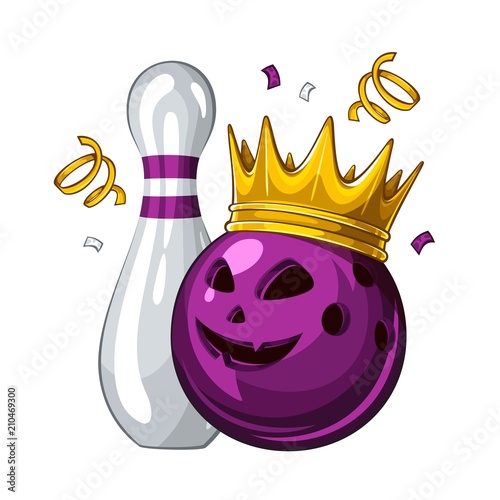 Vector illustration of bowling skittle and halloween purple bowling ball with face in golden crown, isolated on white background. Halloween. Winner. Champion 1.1