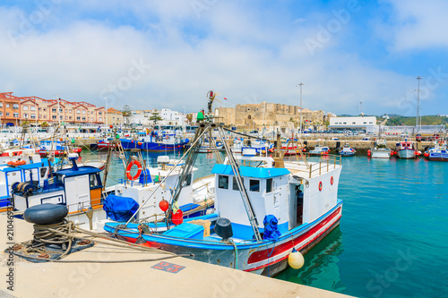 Colorful fishing boats anchoring in the Andalusian town of Tarifa  Costa de la Luz  Spain