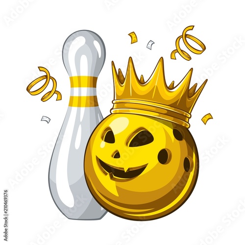 Vector illustration of bowling skittle and halloween yellow bowling ball with face in golden crown, isolated on white background. Halloween. Winner. Champion 1.1
