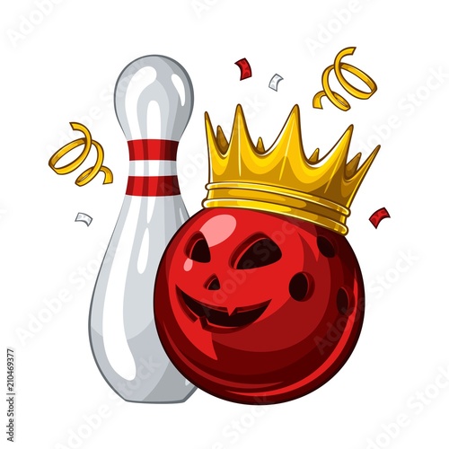Vector illustration of bowling skittle and halloween red bowling ball with face in golden crown, isolated on white background. Halloween. Winner. Champion 1.1