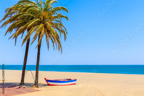 Fishing boat and palm trees on sandy beach in Estepona town on Costa del Sol, Spain