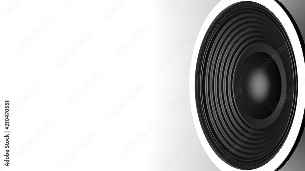 Black music speaker on white background, copy space. 3d illustration Black music speaker on white background, copy space. 3d illustration