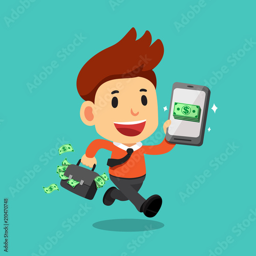 Vector cartoon happy businessman holding smartphone and bag with money