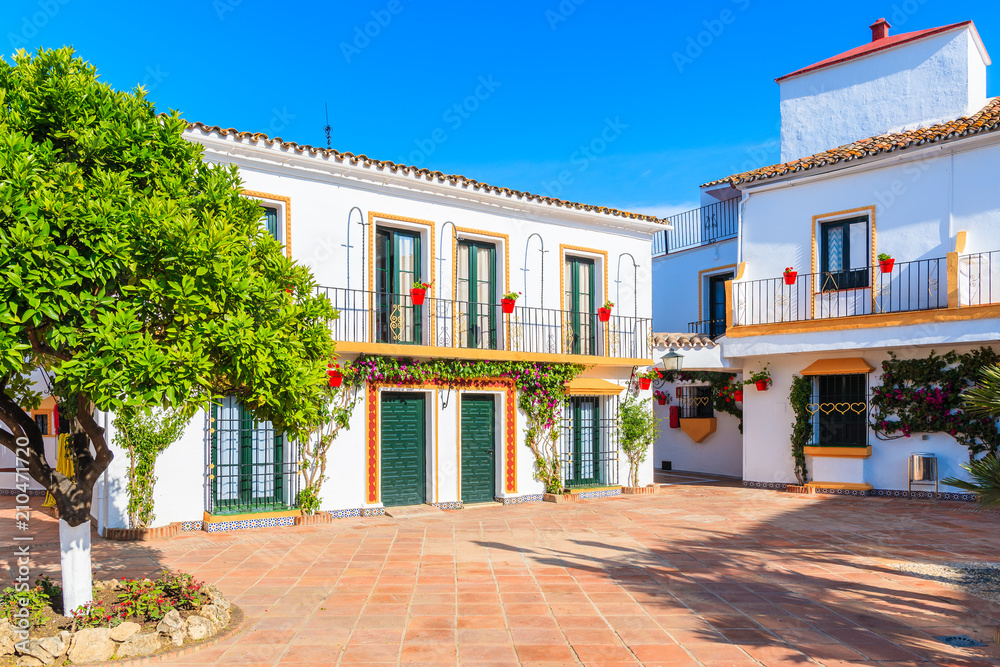 Typical houses decorated with flowers in small village near Marbella. Andalusia, Spain