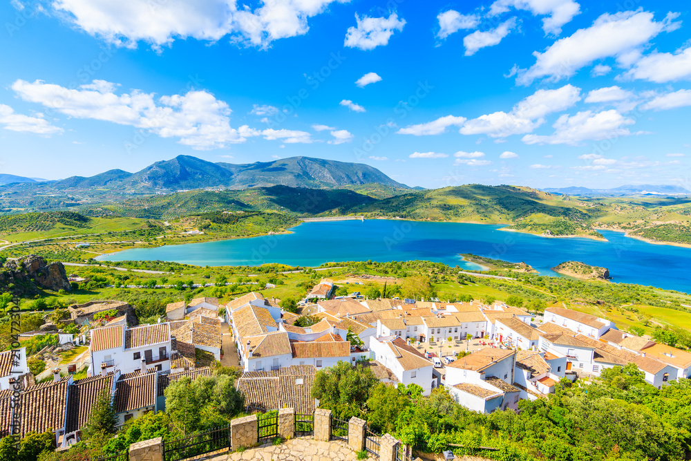 View of mountains and white houses in beautiful Zahara de la Sierra village, Andalusia, Spain