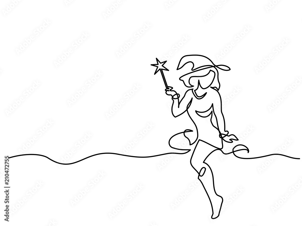 Continuous line drawing. Beautiful mage woman holding Magic wand. Vector illustration. Concept for logo, card, banner, poster, flyer