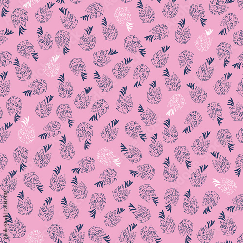 Seamless vector repeat tropical vintage pattern with tossed pineapples in navy and white with a pink background.