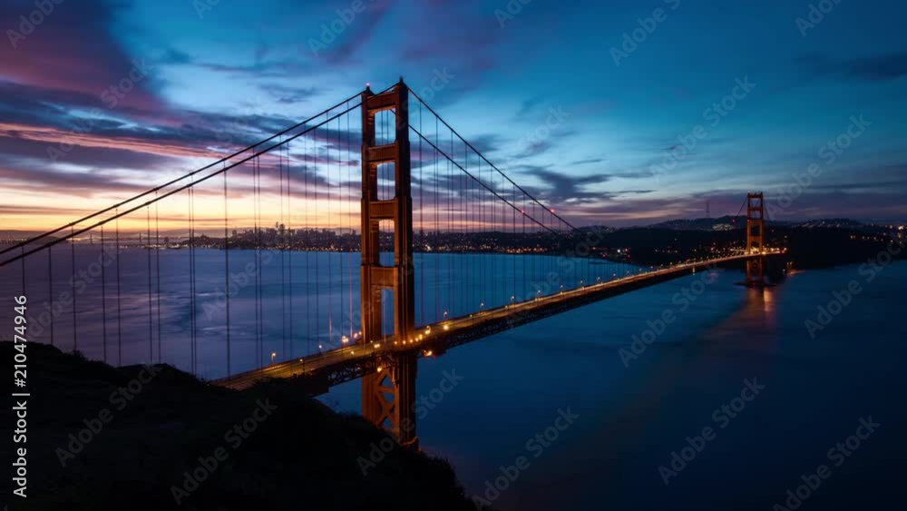 San Francisco Golden Gate Bridge Sunrise Video Time Lapse with Great Sky and Cityscape