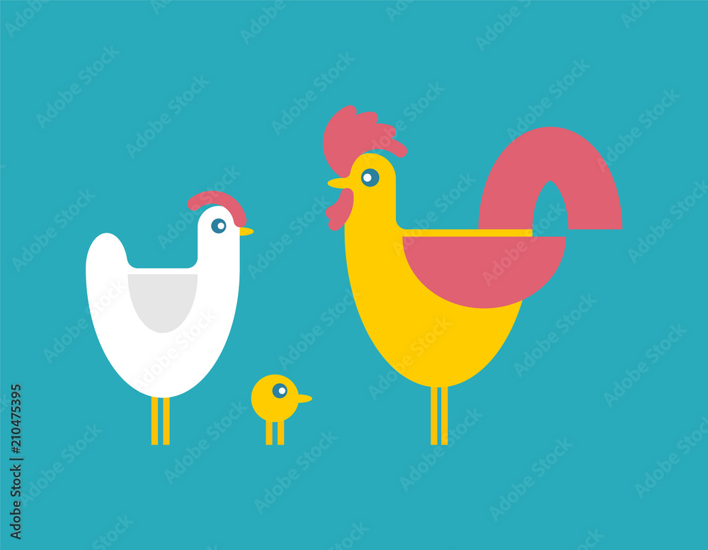 Chicken and rooster and chicken. bird farm set. Vector illustration