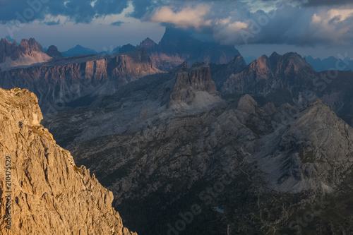 Wonderful dolomitic sunset on Cinque Torri, Cernera, Lastroi de Formin and Pelmo peaks, Dolomites, Italy