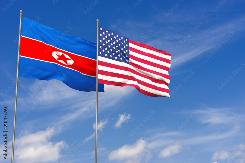North Korea and USA flags over blue sky background. 3D illustration
