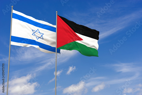 Israel and Palestine flags over blue sky background. 3D illustration