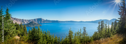 Panorama of Crater Lake in the summer 
