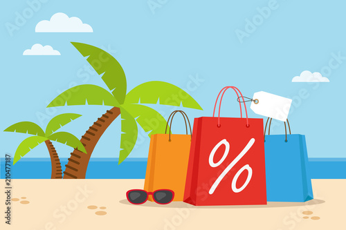 Shopping bag on the beach with palms. Summer sales concept. Vector illustration