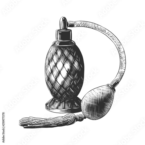 Vector engraved style illustration for posters, decoration and print. Hand drawn sketch of perfume in monochrome isolated on white background. Detailed vintage woodcut style drawing.