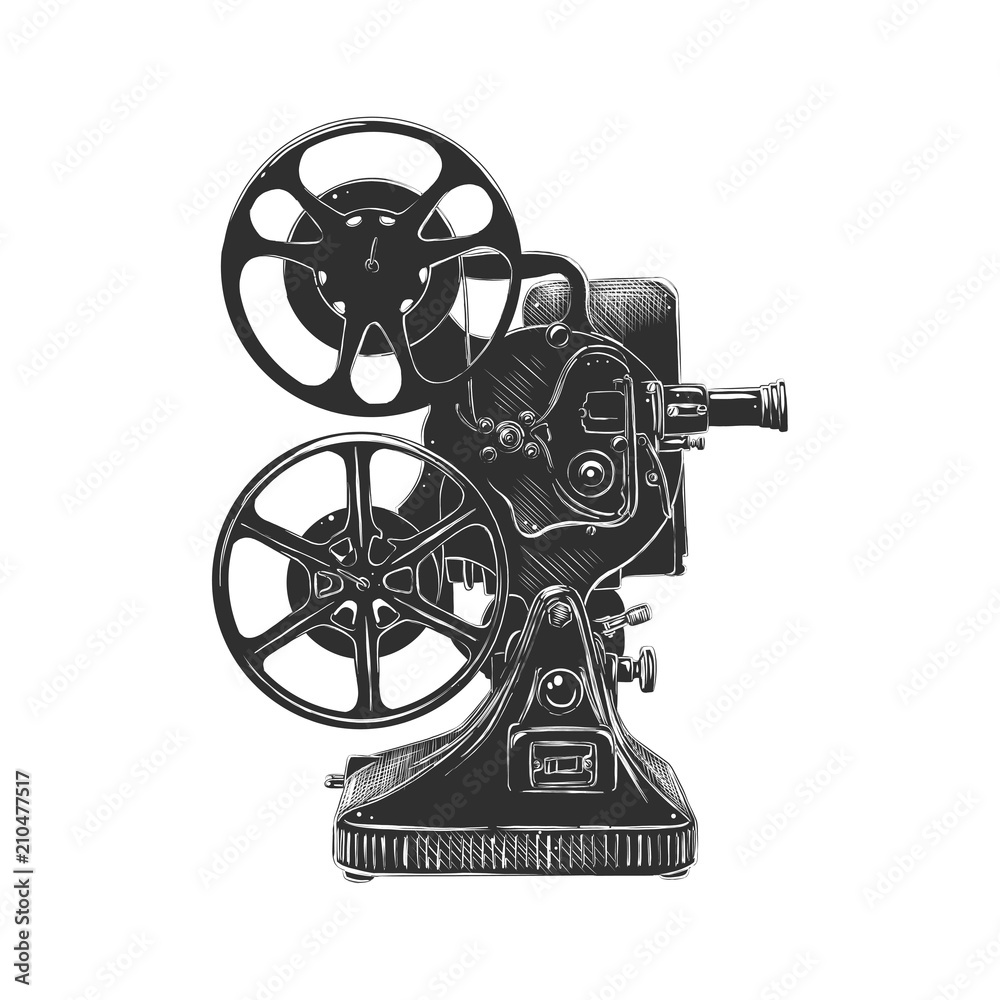 Vector engraved style illustration for posters, decoration and print. Hand drawn sketch of old projector in monochrome isolated on white background. Detailed vintage woodcut style drawing.
