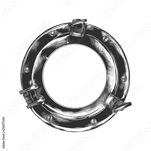 Vector engraved style illustration for posters, decoration and print. Hand drawn sketch of porthole in monochrome isolated on white background. Detailed vintage woodcut style drawing.