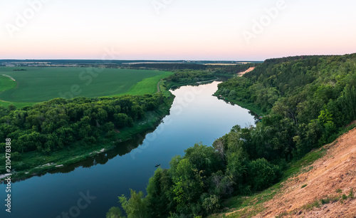 Panoramic view of valley with beautiful river Don, high sand hills and forest, nature summer landscape, Krivoborie in Voronezh