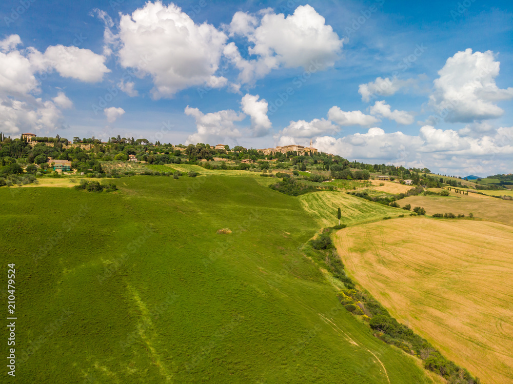 Gladiator Road with cypress trees in the Val d orcia (Orcia Valley) towards Terrapille - near Pienza in Tuscany, Italy - cypress trees along the famous white road, or strada bianca - Aerial view Gladiator Road with cypress trees in the Val d orcia (Orcia Valley) towards Terrapille - near Pienza in Tuscany, Italy - cypress trees along the famous white road, or strada bianca - Aerial view