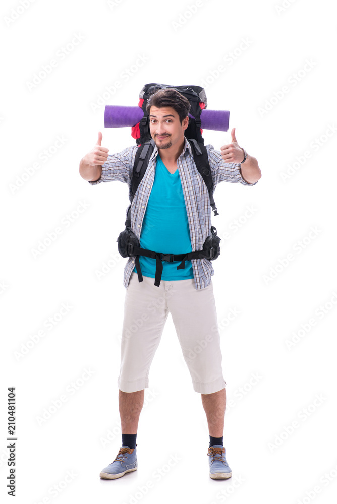 Backpacker with large backpack isolated on white Backpacker with large backpack isolated on white