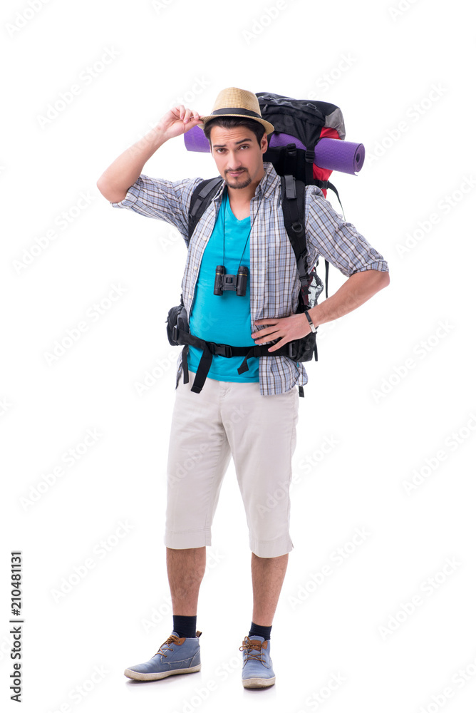 Backpacker with large backpack isolated on white Backpacker with large backpack isolated on white