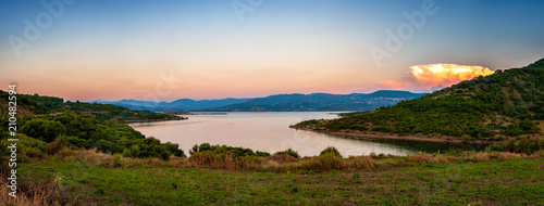 Overview of Lake Omodeo at sunset  Sardinia