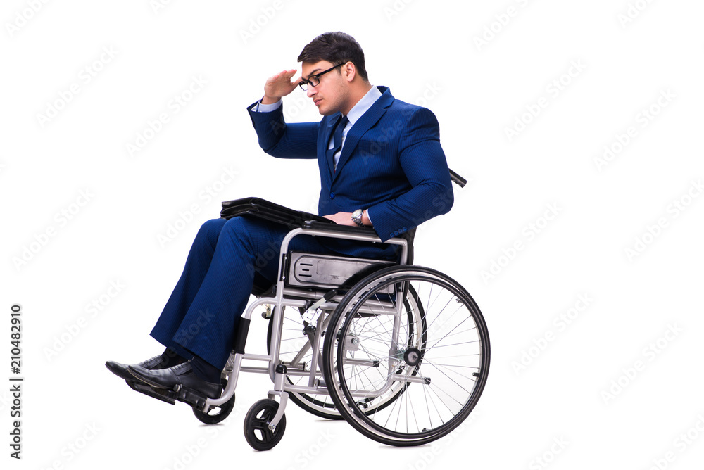 Businessman with wheelchair isolated on white background