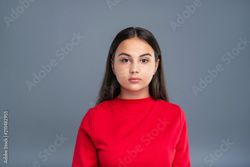 Pleasant girl. The portrait of a chubby dark-haired girl wearing a red pullover and posing isolated on a blue-grey background