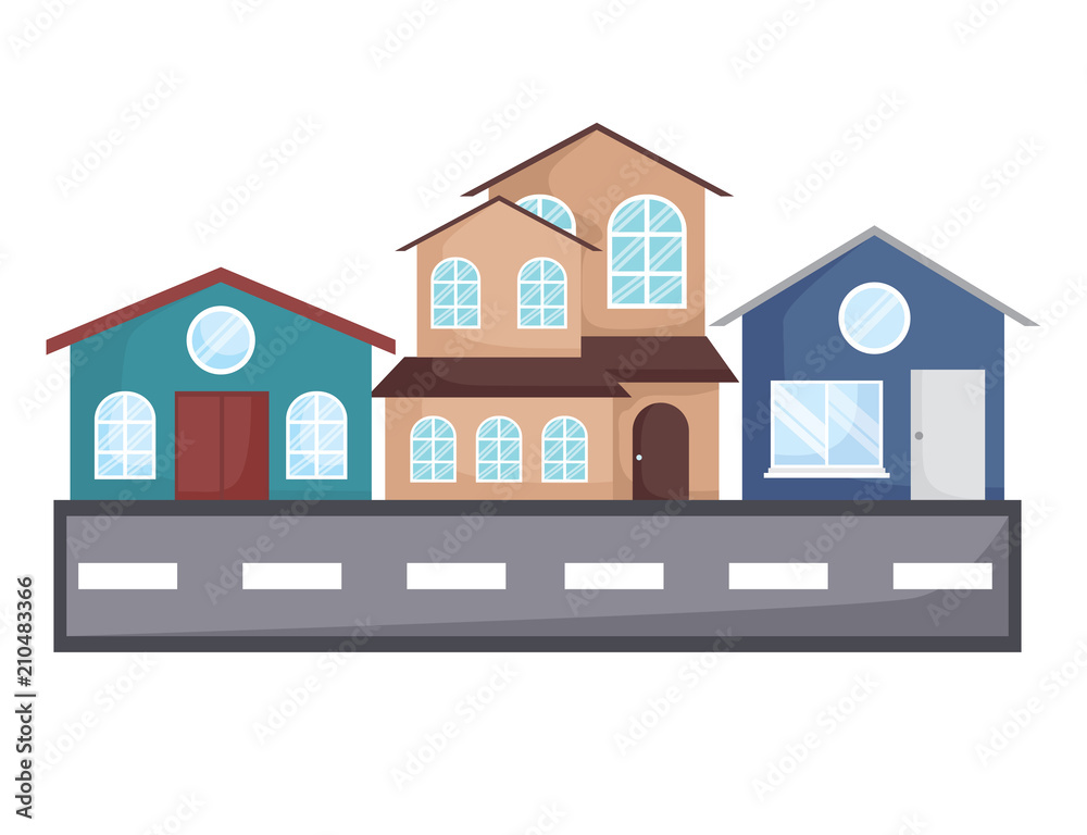 Street with Different houses along  over white background, vector illustration