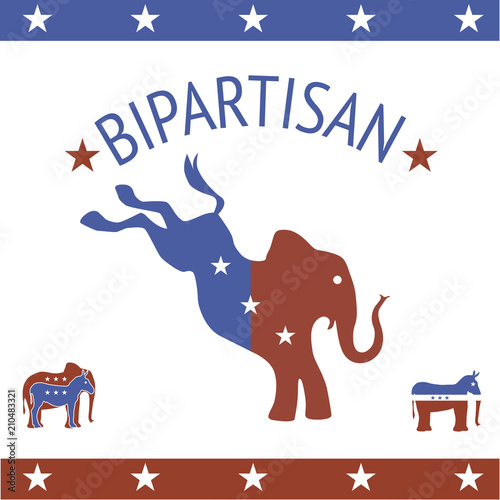Half republicans half democrats mascots in action. working together bipartisan red, white and blue stars and stripes and polictical party symbols
